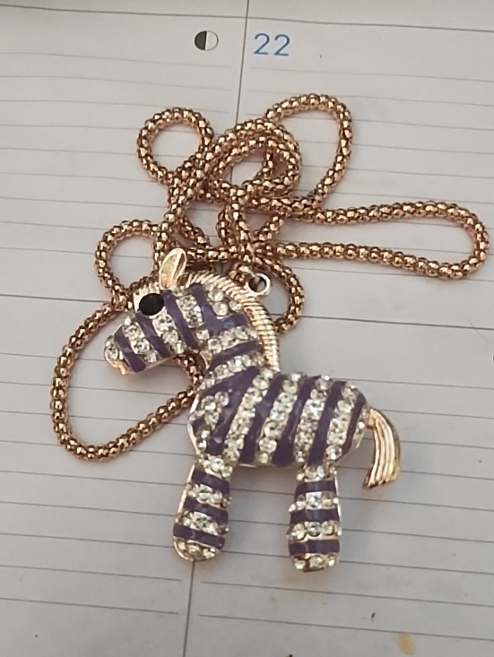 Jewelry - Cute Zebra Pendant Necklace, Purple Enamel Stripes, Clear Crystals, Gold Accents